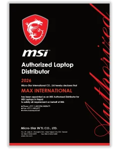 Certificate awarding Max International as the Authorized MSI Laptop Distributor in Nepal for 2026.