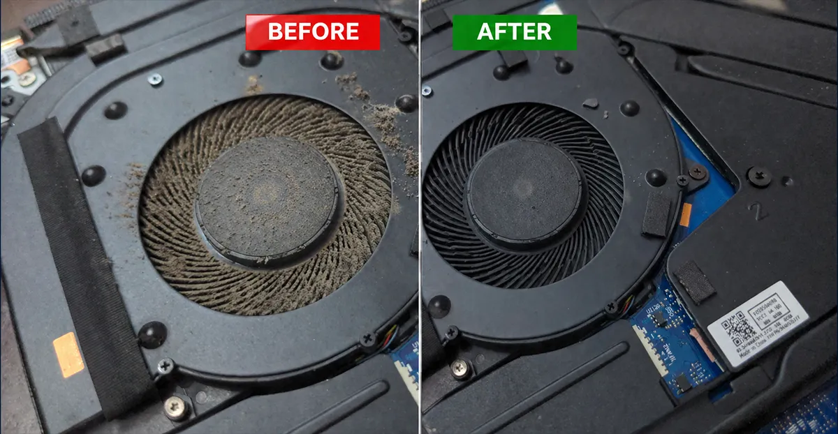 Before and after comparison of a laptop cooling fan, showing heavy dust buildup on the left and a professionally cleaned fan on the right